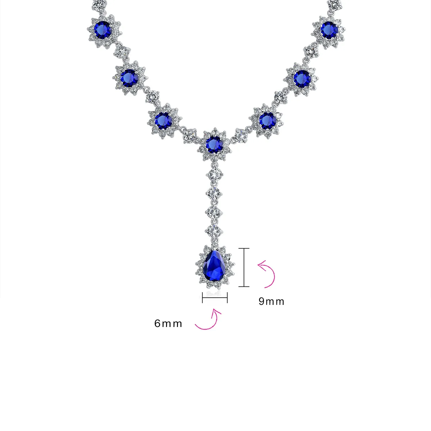 Vintage Antique Oval Crown Halo CZ Royal Blue Y Collar Necklace Silver Plated