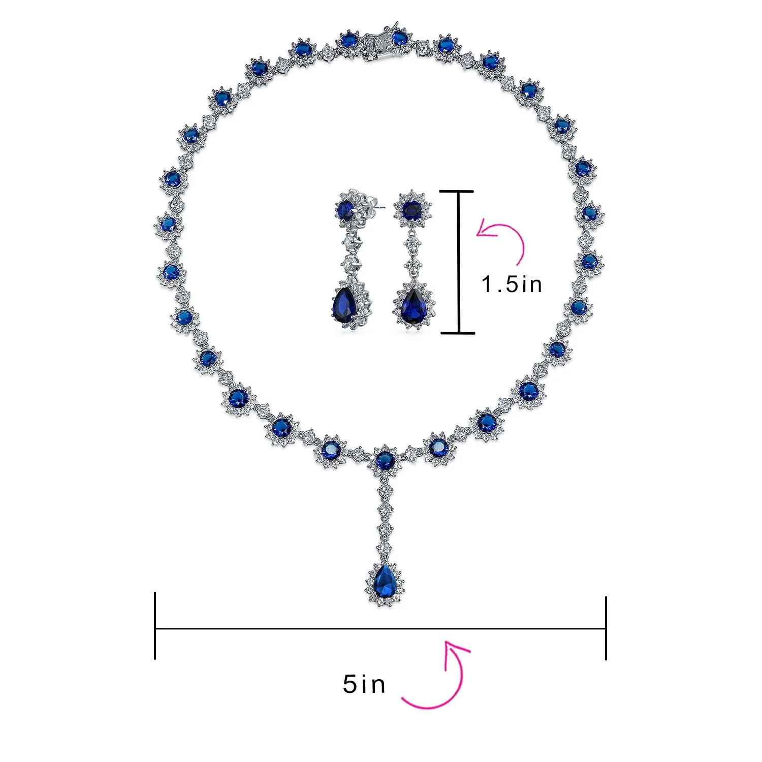 Vintage Antique Oval Crown Halo CZ Royal Blue Y Collar Necklace Silver Plated