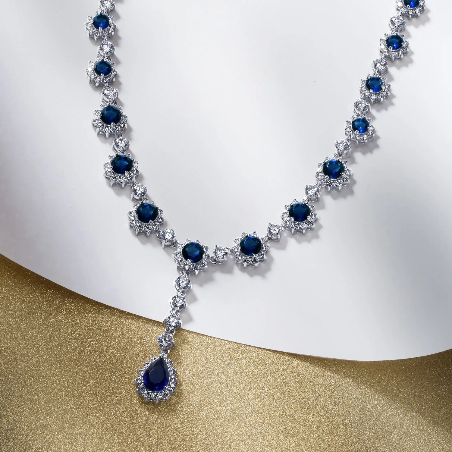 Vintage Antique Oval Crown Halo CZ Royal Blue Y Collar Necklace Silver Plated