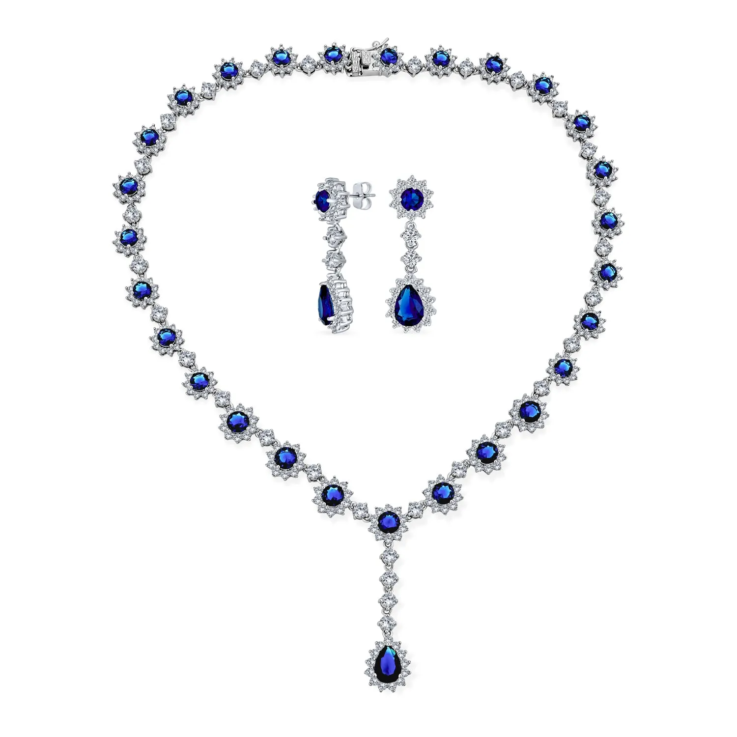 Vintage Antique Oval Crown Halo CZ Royal Blue Y Collar Necklace Silver Plated