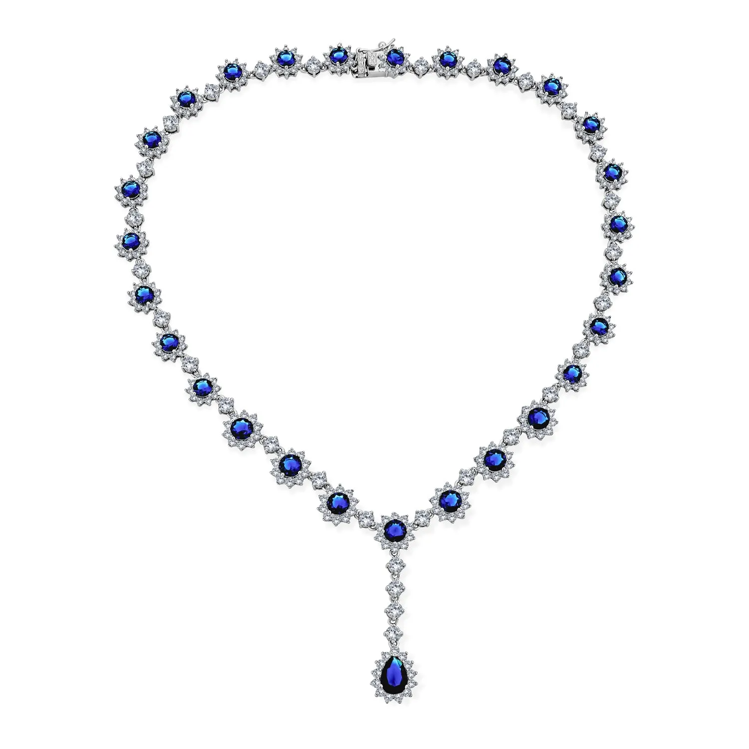 Vintage Antique Oval Crown Halo CZ Royal Blue Y Collar Necklace Silver Plated