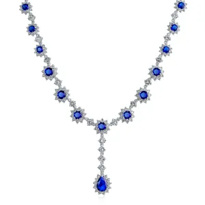 Vintage Antique Oval Crown Halo CZ Royal Blue Y Collar Necklace Silver Plated