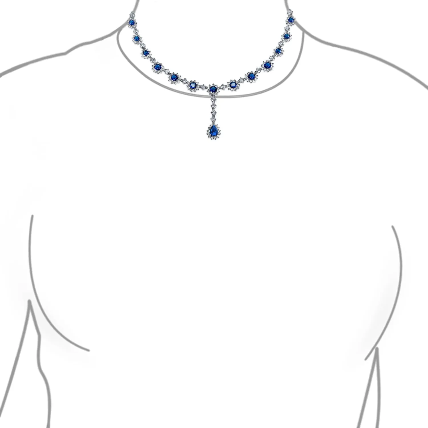 Vintage Antique Oval Crown Halo CZ Royal Blue Y Collar Necklace Silver Plated