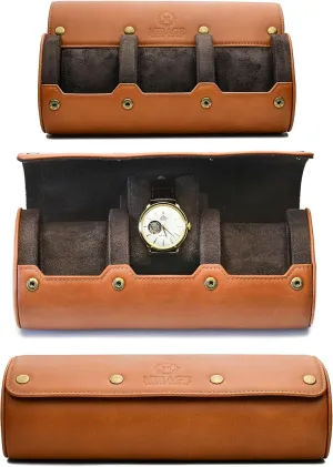 Watch Travel Case for Men – Leather Watch Roll Case Organizer – 3 Watches - Brown Full Grain Cow Leather