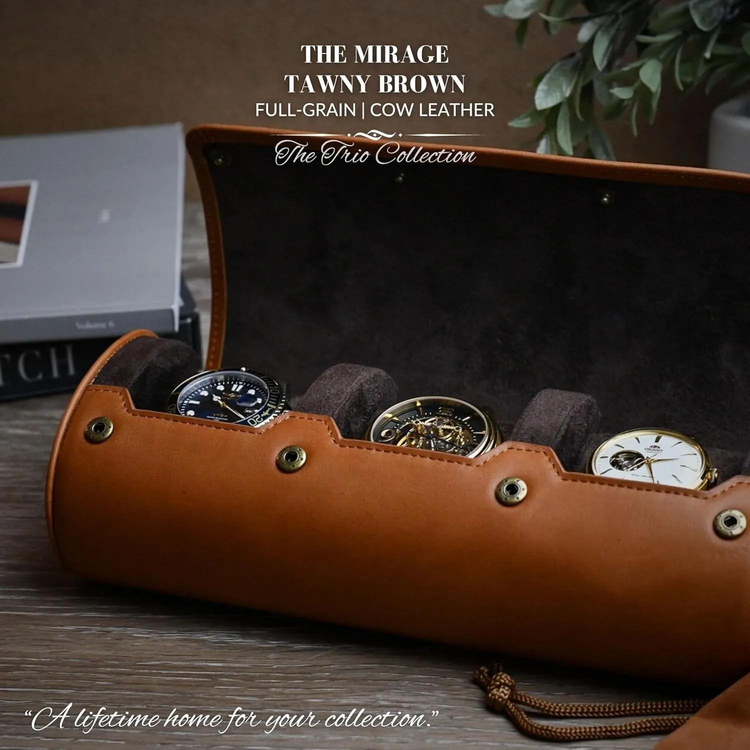 Watch Travel Case for Men – Leather Watch Roll Case Organizer – 3 Watches - Brown Full Grain Cow Leather