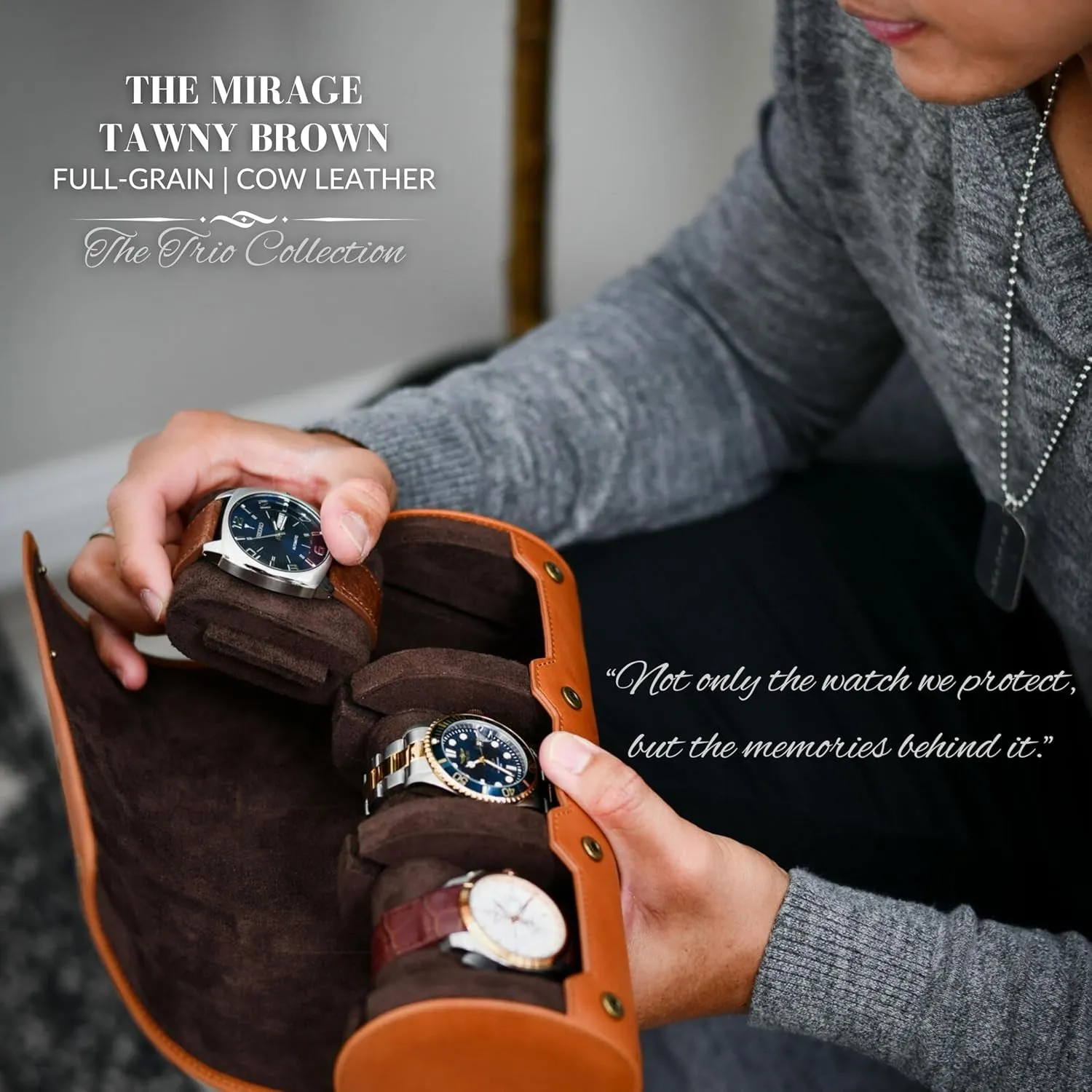 Watch Travel Case for Men – Leather Watch Roll Case Organizer – 3 Watches - Brown Full Grain Cow Leather