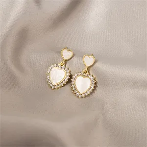 White Acrylic & Cubic Zirconia Double Heart Dangle Earrings