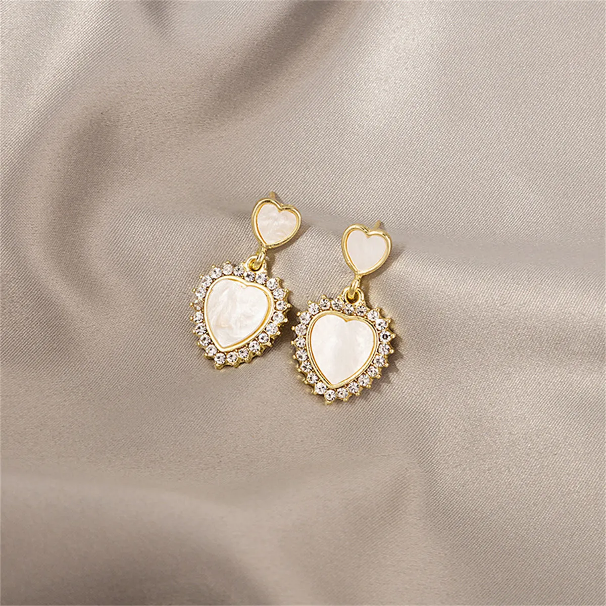 White Acrylic & Cubic Zirconia Double Heart Dangle Earrings