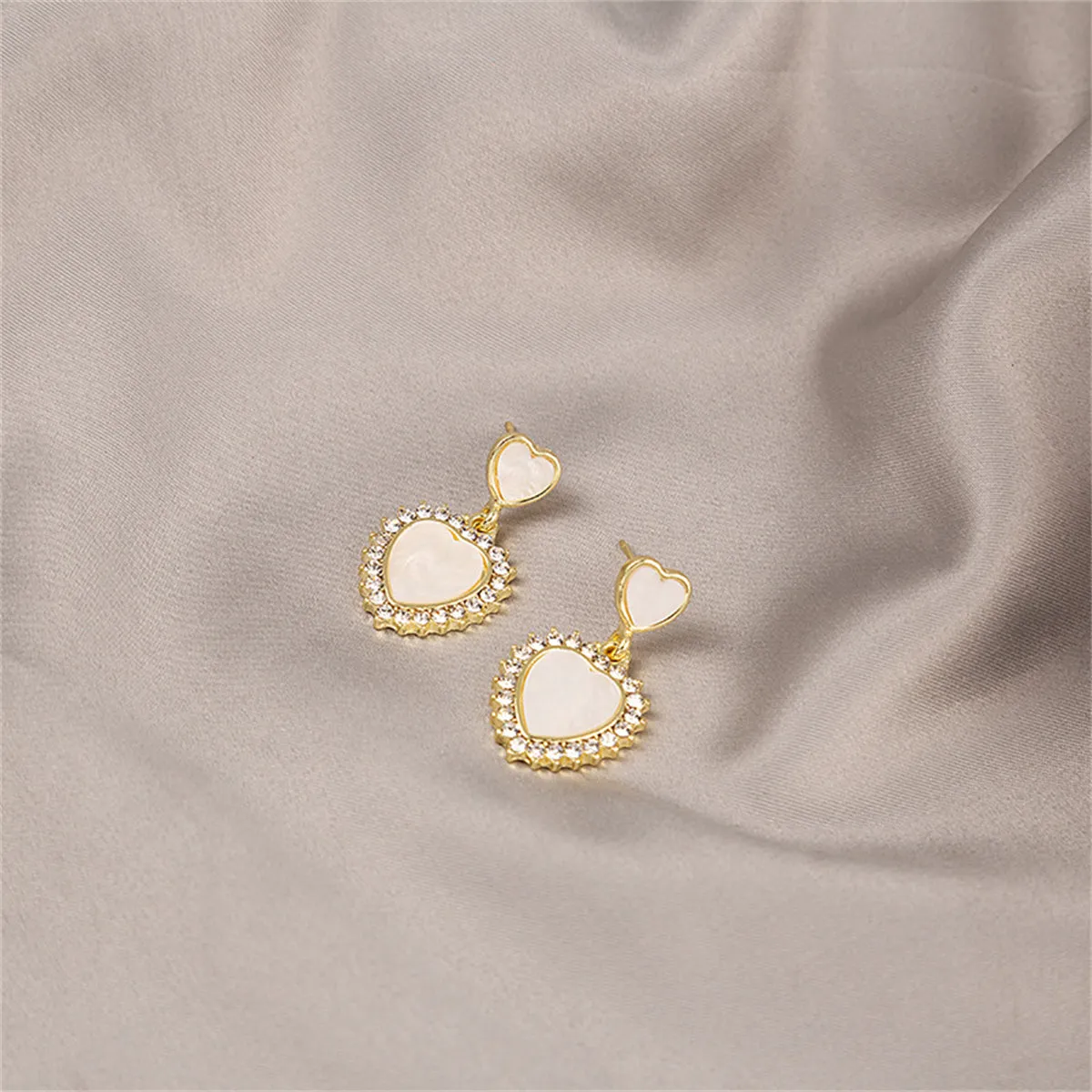 White Acrylic & Cubic Zirconia Double Heart Dangle Earrings