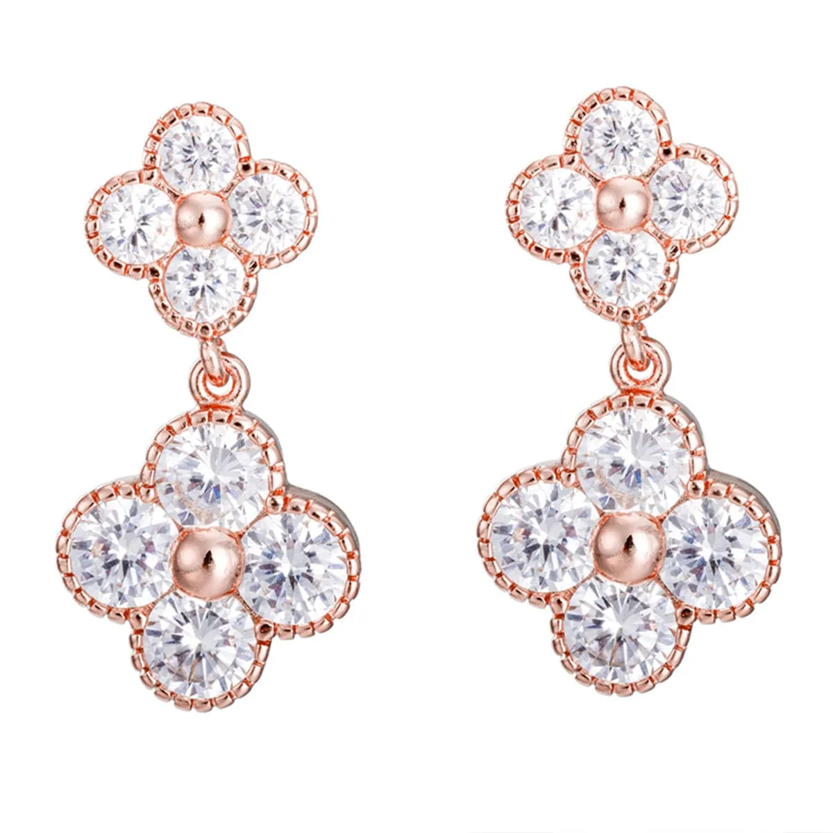 White Crystal & 18K Rose Gold-Plated Double Clover Drop Earrings