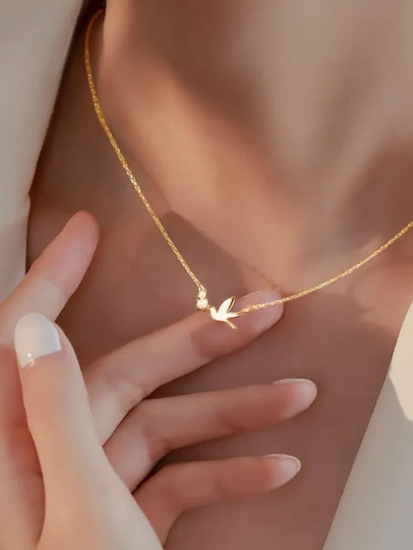 Zircon Decor Bird Charm Necklace  - Gold