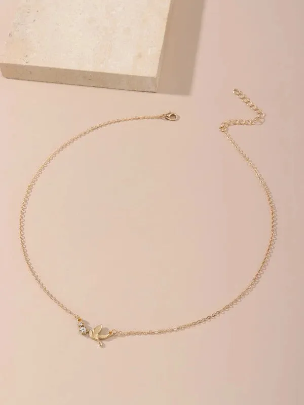 Zircon Decor Bird Charm Necklace  - Gold