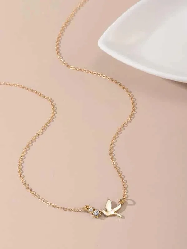 Zircon Decor Bird Charm Necklace  - Gold