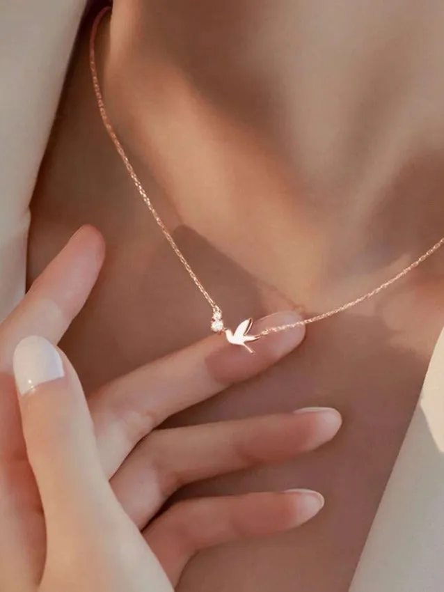 Zircon Decor Bird Charm Necklace - Rose Gold
